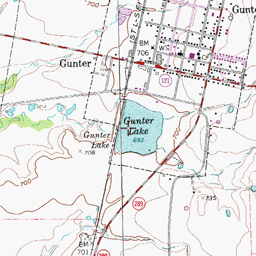 Topographic Map of Gunter Lake, TX