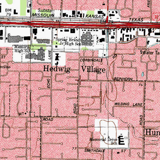 Topographic Map of Hedwig Village, TX