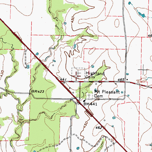 Topographic Map of Highland Cemetery, TX