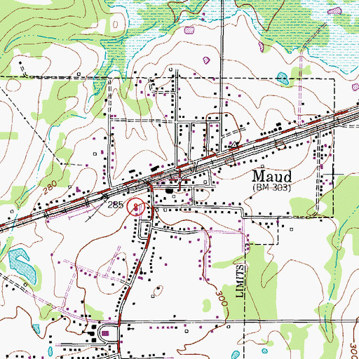 Topographic Map of Maud, TX