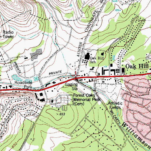 Topographic Map of Oak Hill, TX
