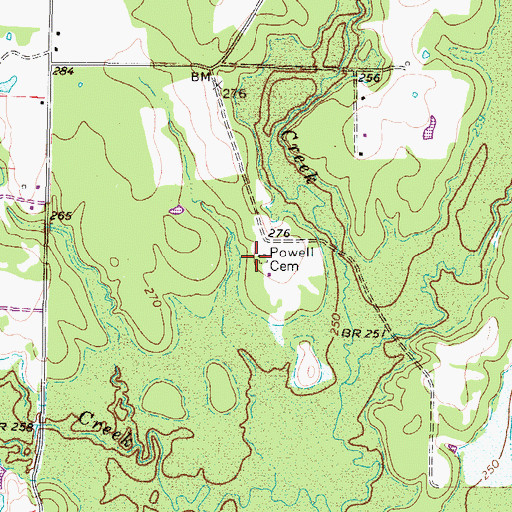 Topographic Map of Powell Cemetery, TX