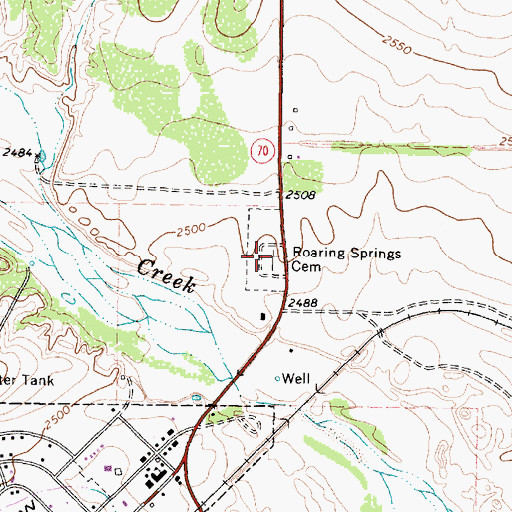 Topographic Map of Roaring Springs Cemetery, TX