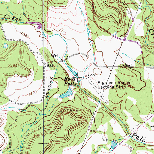 Topographic Map of Roos Falls, TX