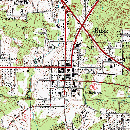 Topographic Map of Rusk, TX