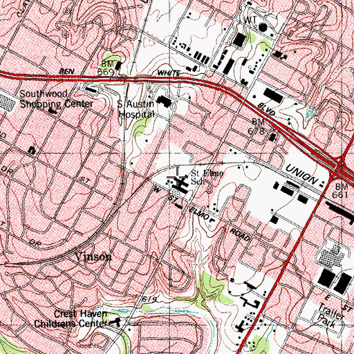 Topographic Map of Saint Elmo School, TX