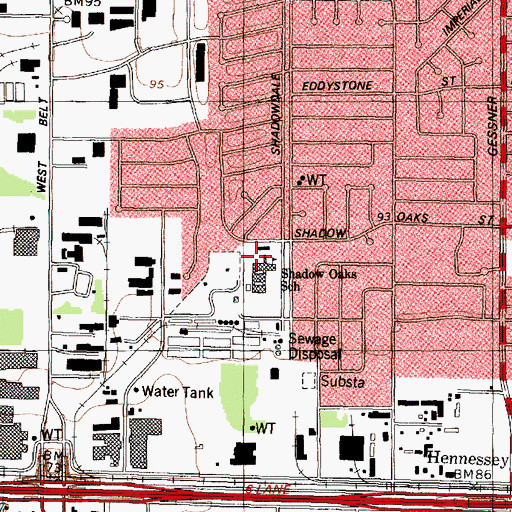 Topographic Map of Shadow Oaks School, TX