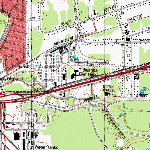 Topographic Map of Tidelands General Hospital, TX