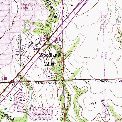 Topographic Map of Woodland Hills, TX
