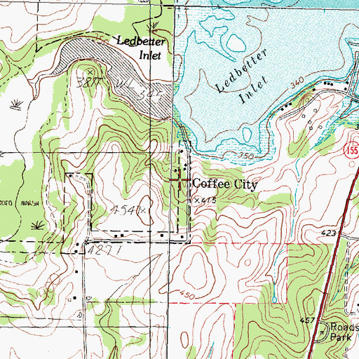 Topographic Map of Coffee City, TX