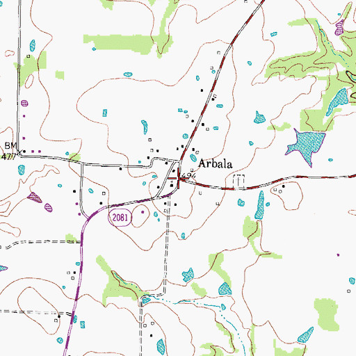 Topographic Map of Arbala, TX