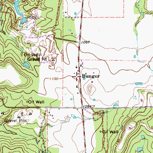Topographic Map of Bunger, TX