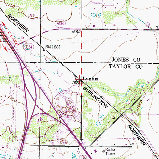 Topographic Map of Lanius, TX