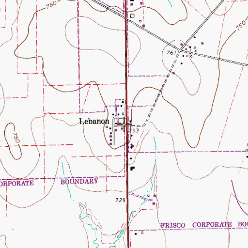 Topographic Map of Lebanon, TX