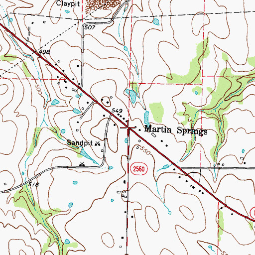 Topographic Map of Martin Springs, TX
