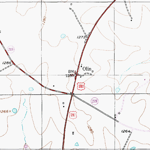 Topographic Map of Olin, TX