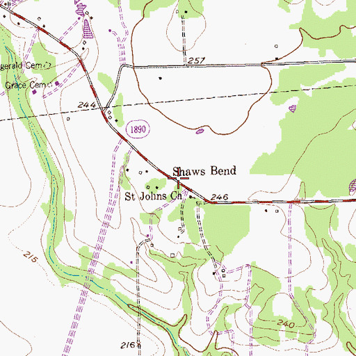 Topographic Map of Shaws Bend, TX