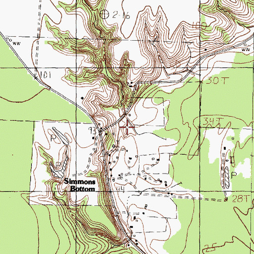 Topographic Map of Simmons Bottom, TX