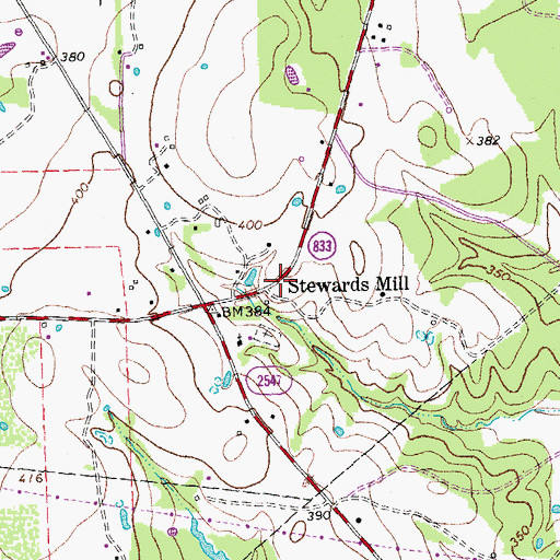 Topographic Map of Stewards Mill, TX