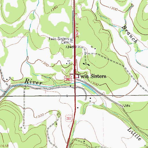 Topographic Map of Twin Sisters, TX