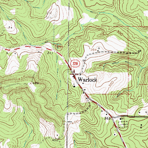 Topographic Map of Warlock, TX