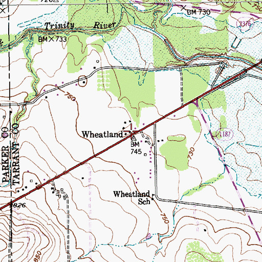 Topographic Map of Wheatland, TX