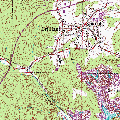 Topographic Map of Brilliant High School, AL