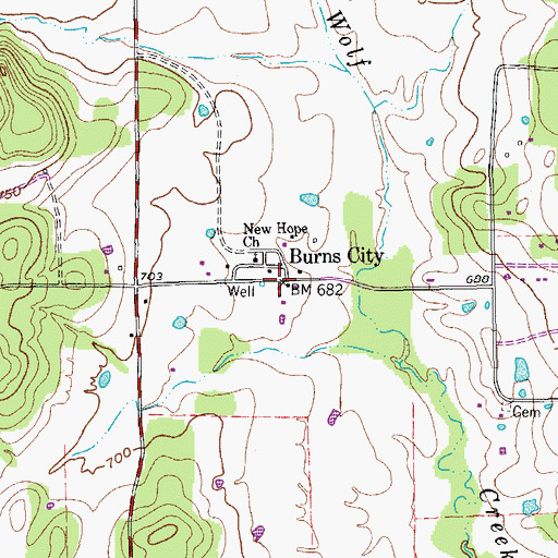 Topographic Map of Burns City, TX