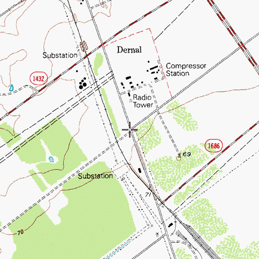 Topographic Map of Dernal, TX