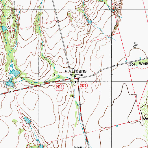 Topographic Map of Doans, TX