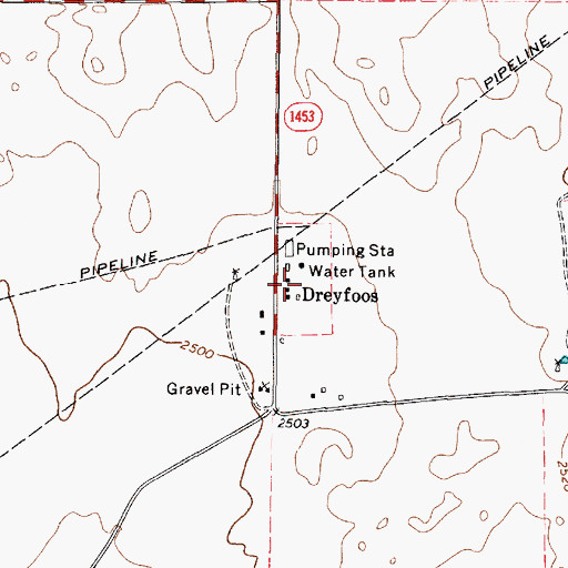 Topographic Map of Dreyfoos, TX
