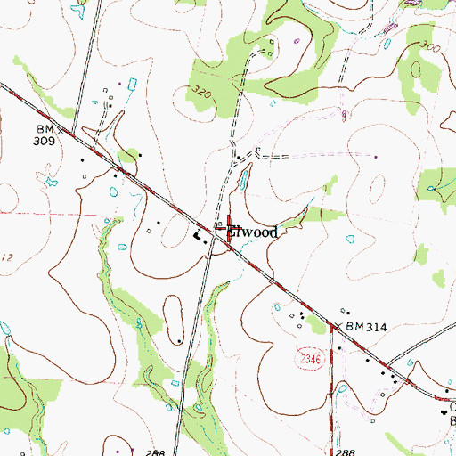 Topographic Map of Elwood, TX