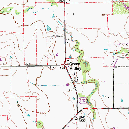 Topographic Map of Green Valley, TX