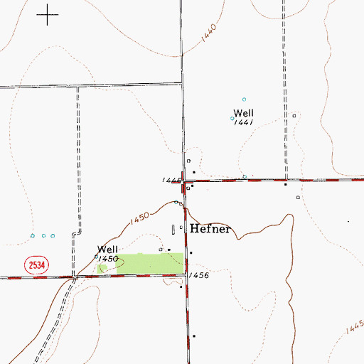Topographic Map of Hefner, TX