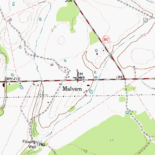 Topographic Map of Malvern, TX