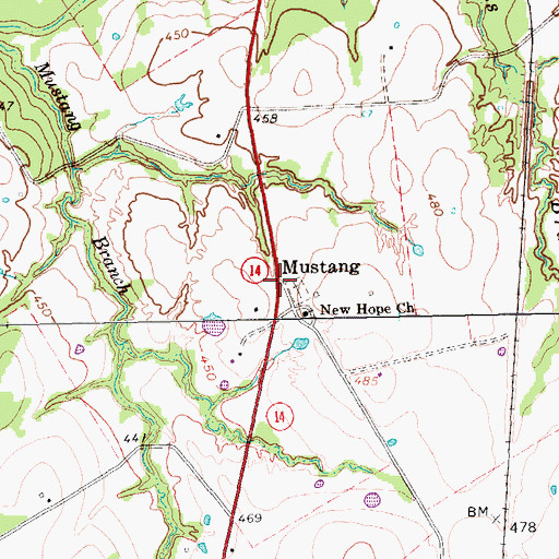 Topographic Map of Mustang, TX