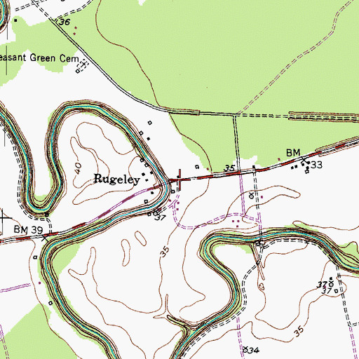 Topographic Map of Rugeley, TX