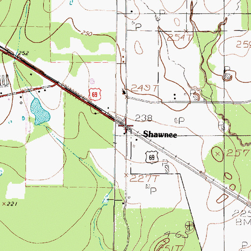 Topographic Map of Shawnee, TX