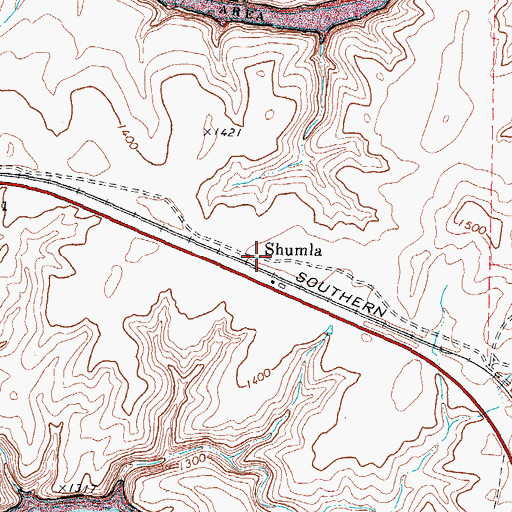 Topographic Map of Shumla, TX
