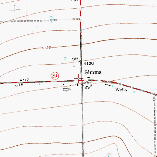 Topographic Map of Simms, TX