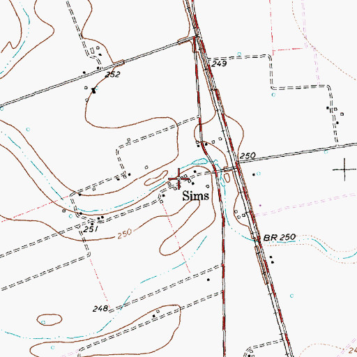 Topographic Map of Sims, TX