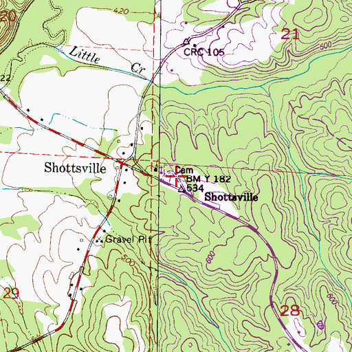 Topographic Map of Shottsville Cemetery, AL
