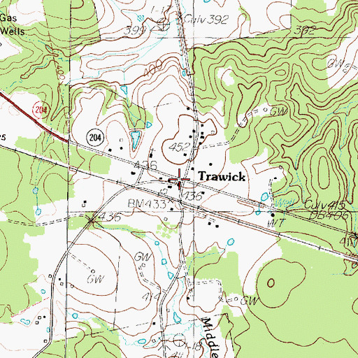 Topographic Map of Trawick, TX