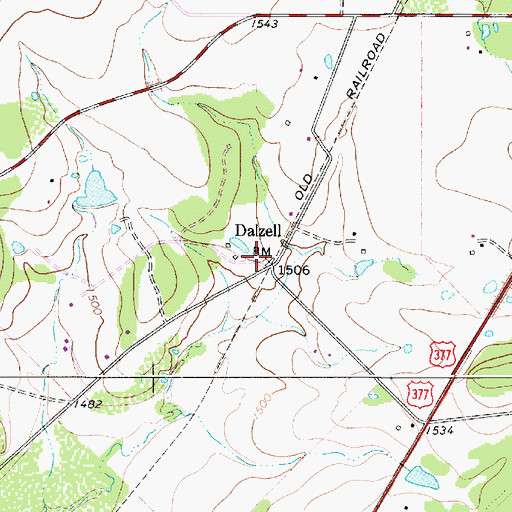 Topographic Map of Dalzell, TX