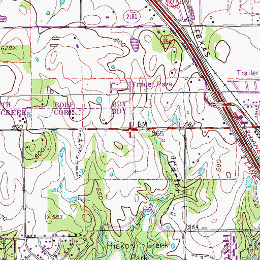 Topographic Map of Hickory Creek, TX