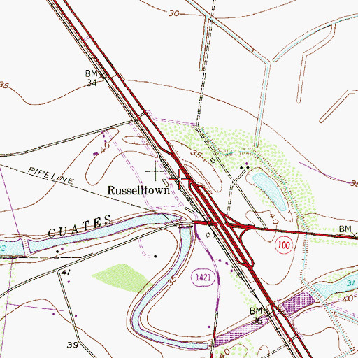 Topographic Map of Russelltown, TX