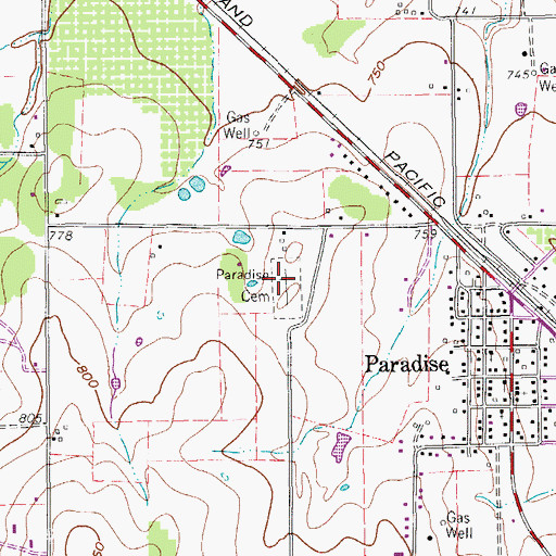 Topographic Map of Paradise Cemetery, TX