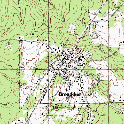 Topographic Map of Broaddus, TX