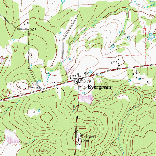 Topographic Map of Evergreen, TX