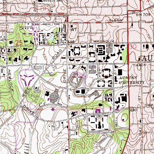 Topographic Map of Jordan-Hare Stadium, AL